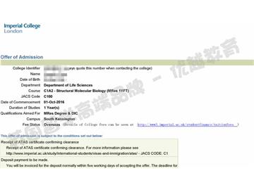 恭喜馬同學獲得帝國理工學院結構分子生物學專業碩士通知書。