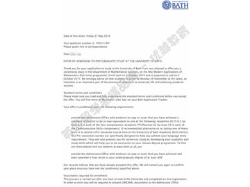 恭喜劉同學獲得巴斯大學數學現代應用學專業碩士通知書