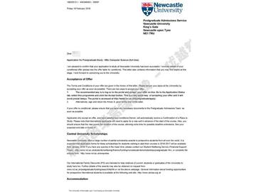 恭喜于同學獲得紐卡斯爾大學計算機科學專業碩士通知書