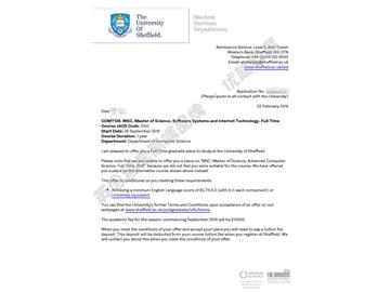 恭喜徐同學獲得謝菲爾德大學軟件系統與互聯網技術專業碩士通知書