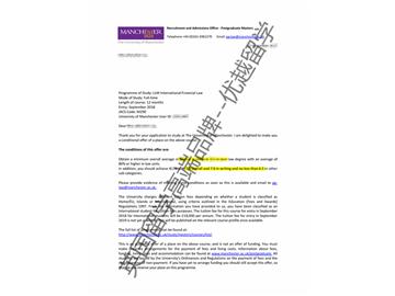 2018offer：恭喜祝同學(xué)獲得曼徹斯特大學(xué)國際金融法專業(yè)碩士通知書
