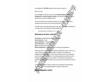 2018offer：恭喜朱同學(xué)獲得倫敦藝術(shù)大學(xué)時(shí)尚管理專業(yè)碩士通知書