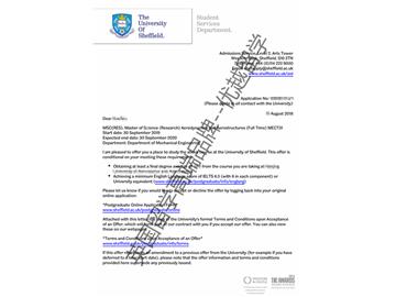 2019offer：恭喜王同學(xué)獲得謝菲爾德大學(xué)空氣動力學(xué)與飛機結(jié)構(gòu)專業(yè)碩士通知書