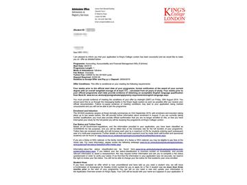 2019offer：恭喜吳同學獲得倫敦大學國王學院（世界排名：31）會計、問責與財務管理專業碩士通知書