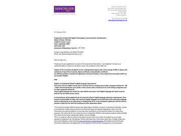 2019offer：恭喜吳同學獲得曼徹斯特大學（世界排名：29）數字技術、通信與教育專業碩士通知書