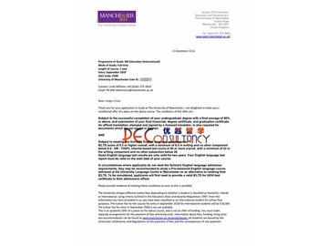 2019offer：恭喜吳同學獲得曼徹斯特大學(世界排名：29)教育學專業碩士錄取通知書