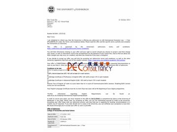 2019offer：恭喜吳同學獲得愛丁堡大學(世界排名：18)國際經濟法專業(yè)碩士通知書